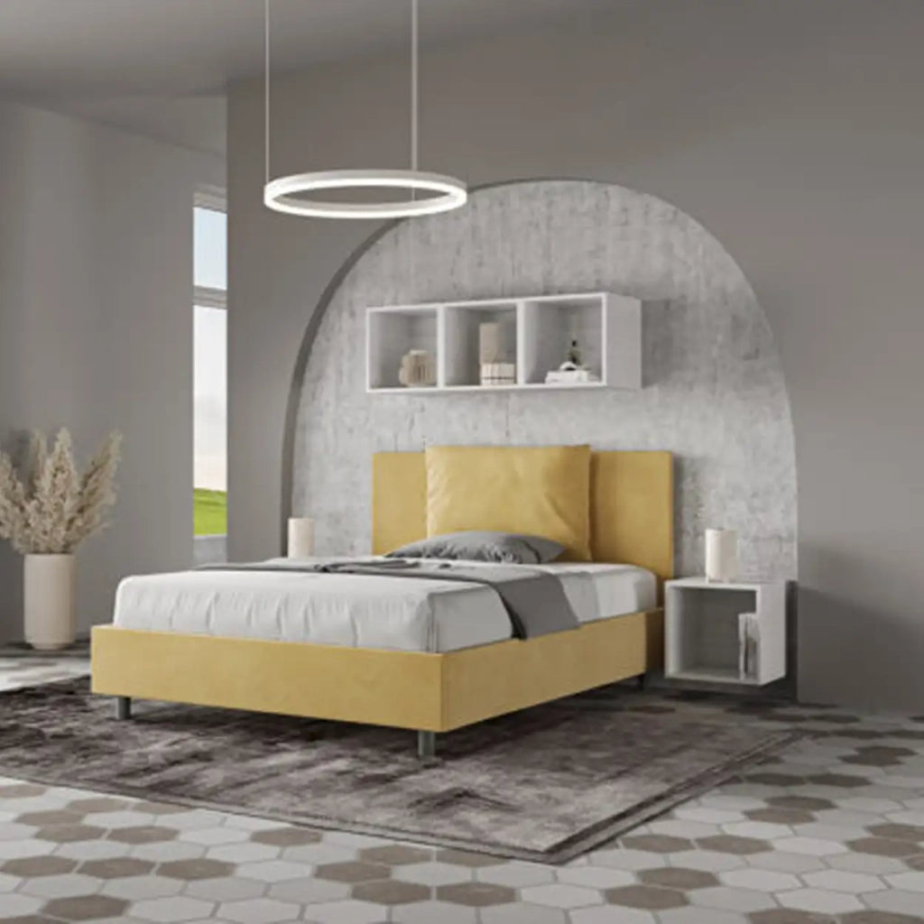 Letto matrimoniale francese con rete imbottito 140x190 microfibra azzurro Antea