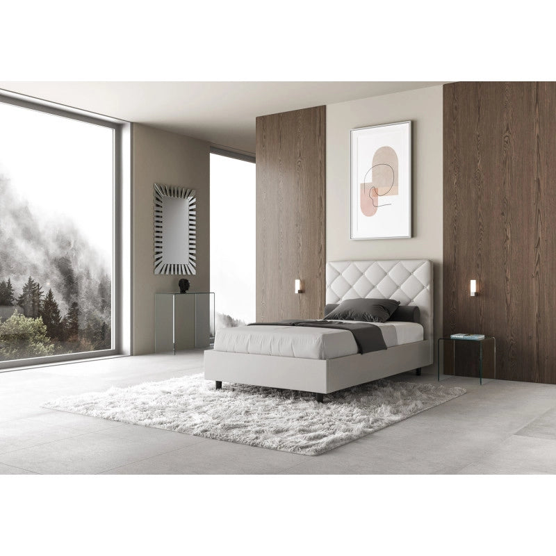 Letto imbottito Piazza e mezzo 130x200 cm Priya - Bianco,Similpelle,Con rete