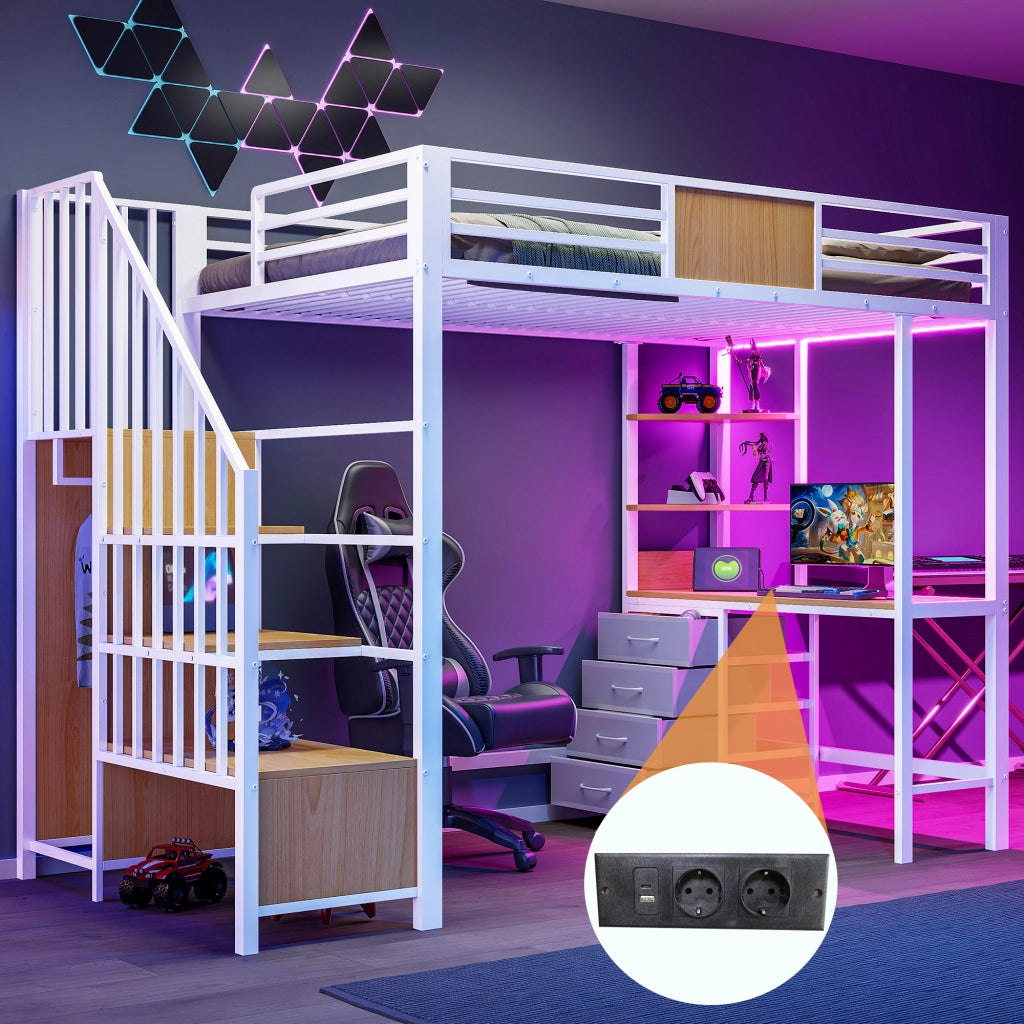 Letto a soppalco per bambini 90x200 cm con scrivania; LED e presa; ripiani e barra appendiabiti; metallo bianco