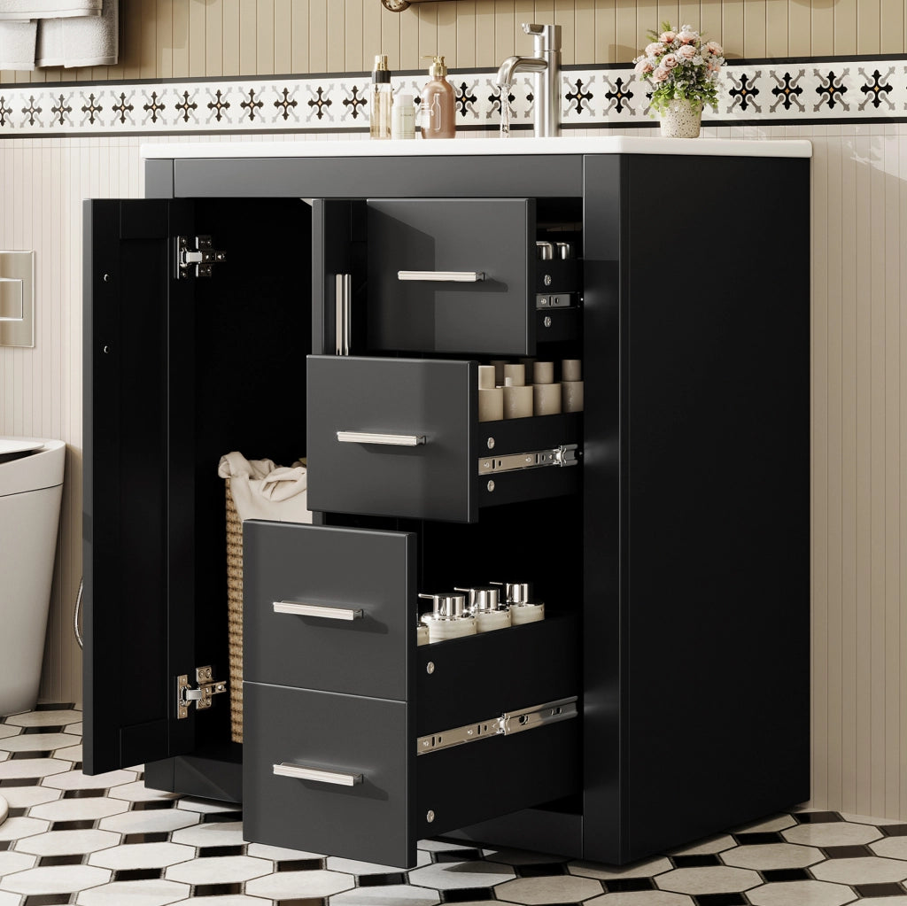 Mobile bagno freestanding 76x46;5x85;5 cm con lavabo in ceramica; 3 cassetti e 2 ante nero HOMVRA