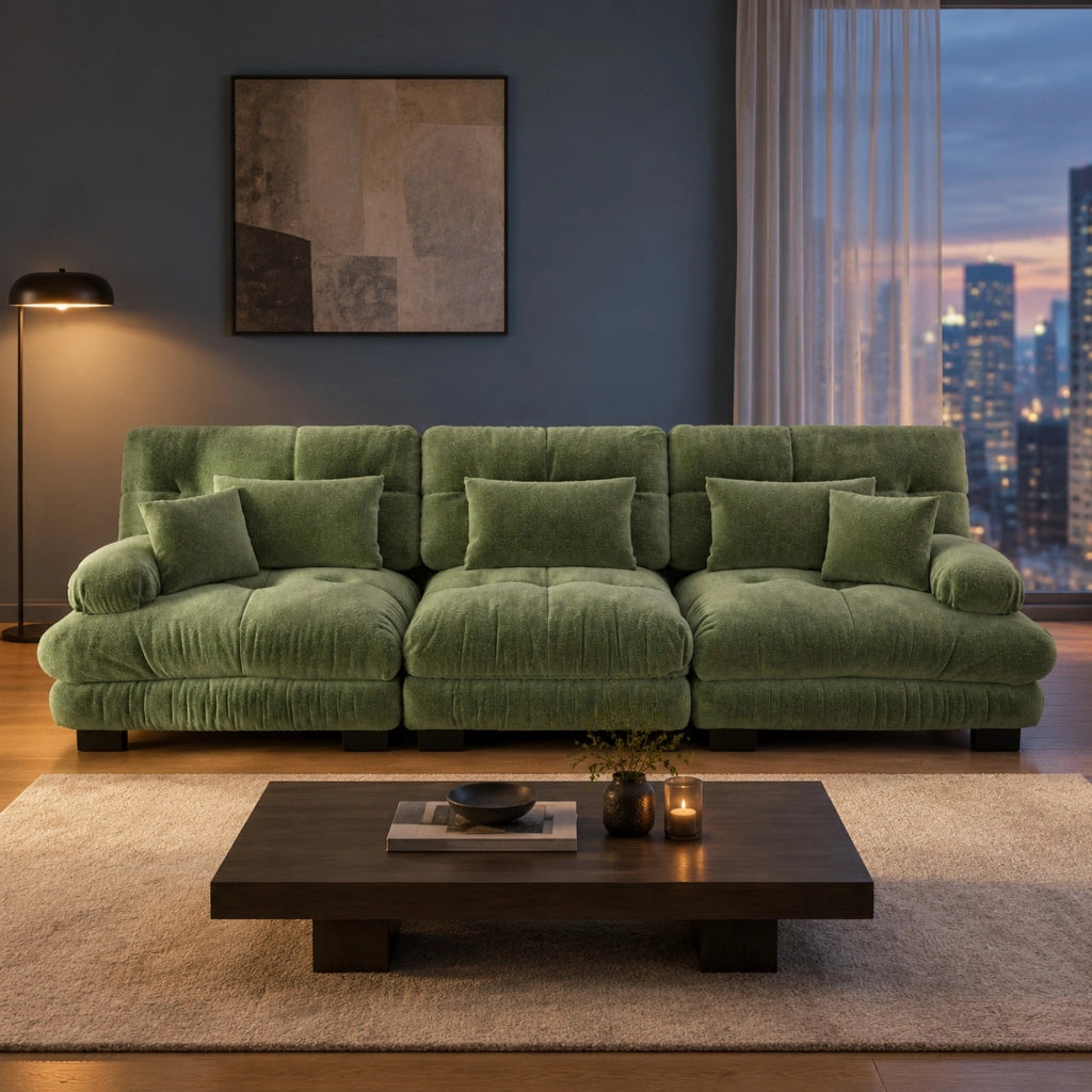 Divano angolare modulare 313x77x81 cm in ciniglia verde, seduta profonda
