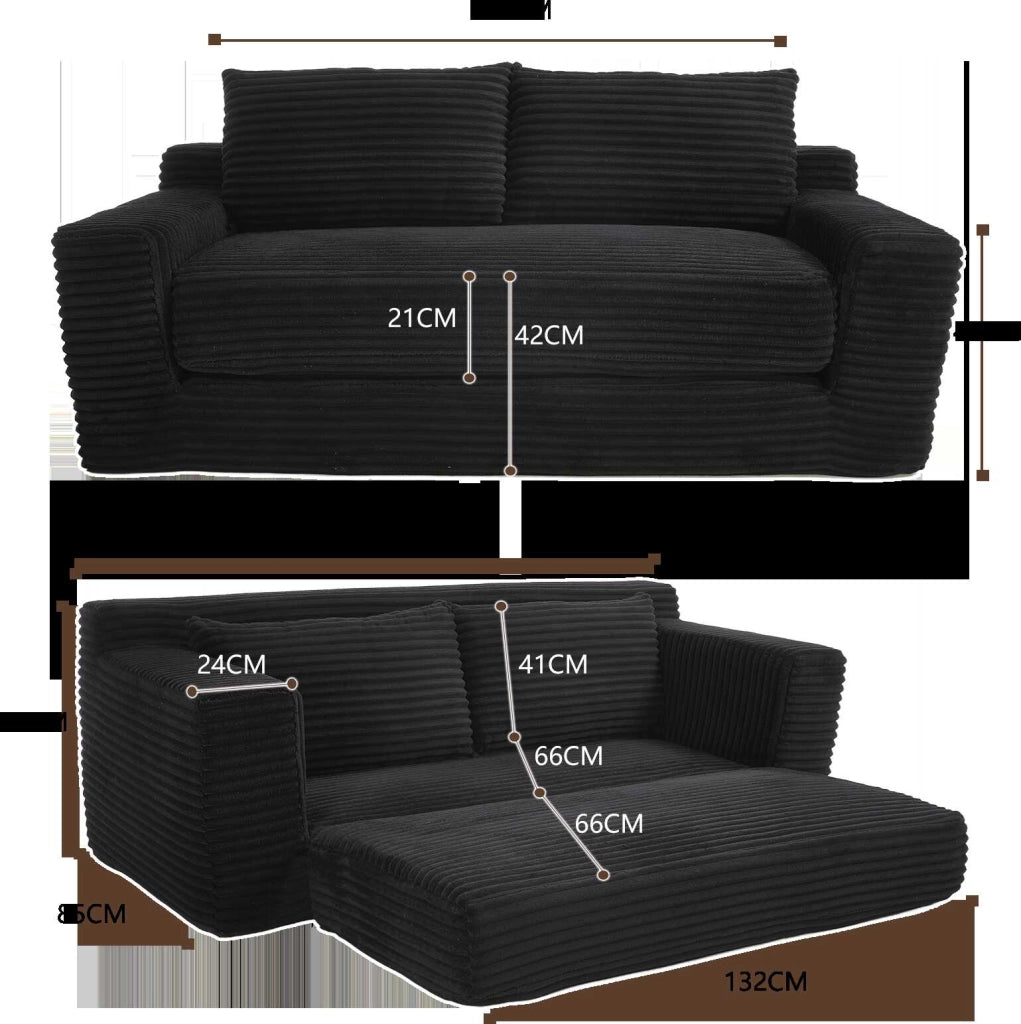 Divano Letto 2 Posti 2 in 1 in Velluto a Coste con Memory Foam; Senza Montaggio; Nero