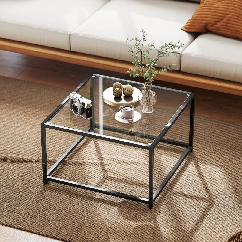 Tavolino basso fisso da soggiorno con piano in vetro temperato e struttura in acciaio nero 68 × 68 × 39 cm