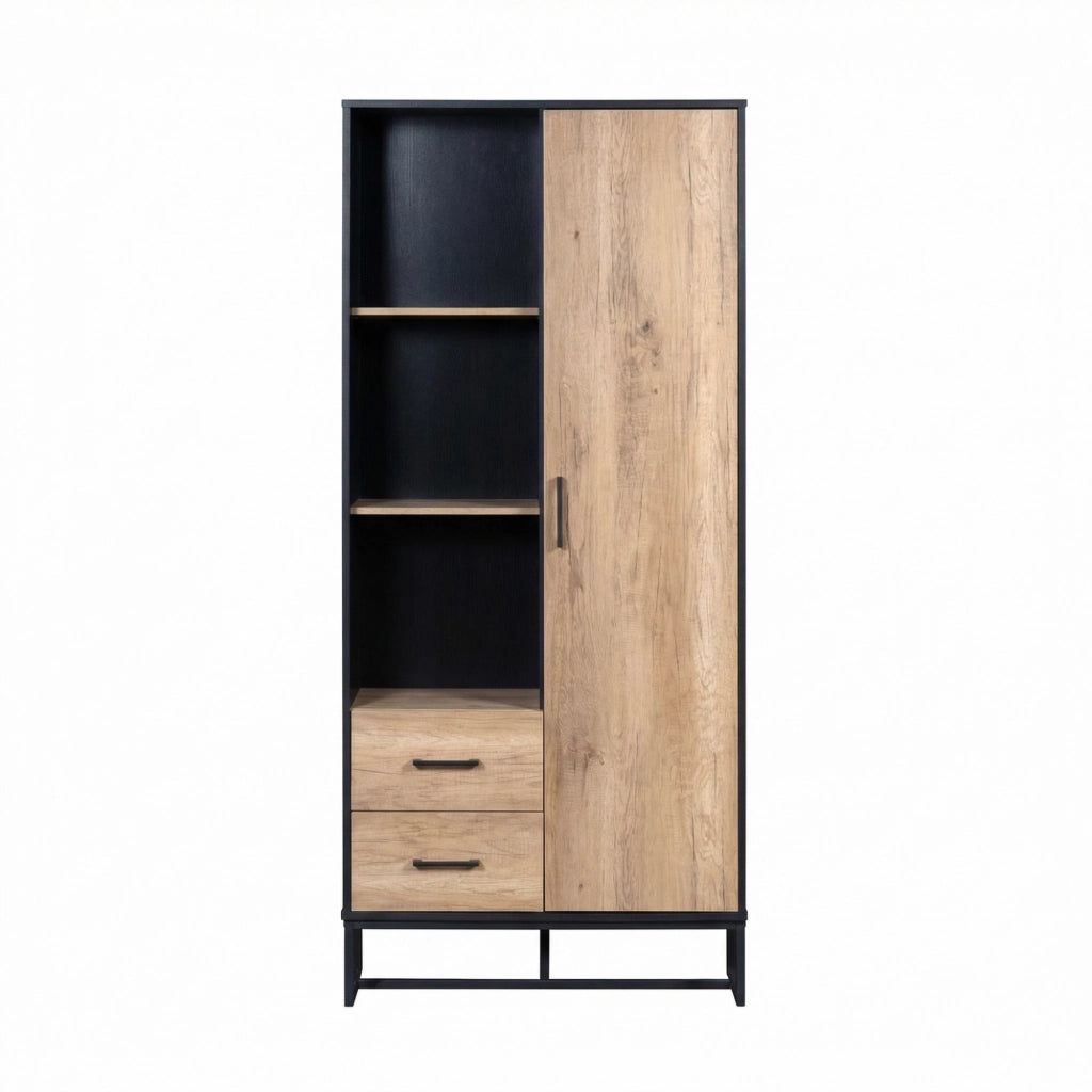 Credenza e madia con 1 anta, 2 cassetti e 3 vani aperti per soggiorno e ufficio, MDF nero e legno, 80 × 40 × 180 cm