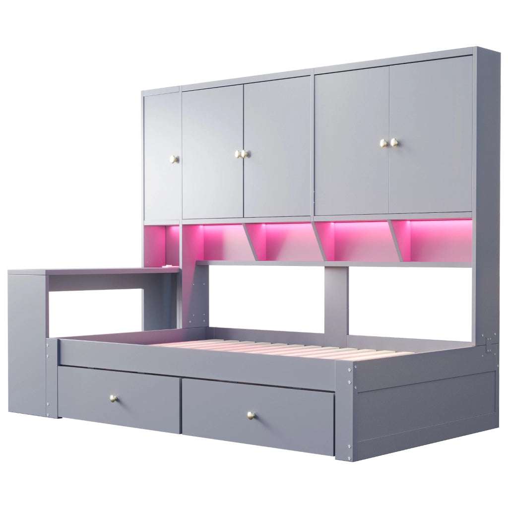 Letto singolo 90x200 cm multifunzionale con scrivania integrata; armadi; cassetti; LED e presa; grigio
