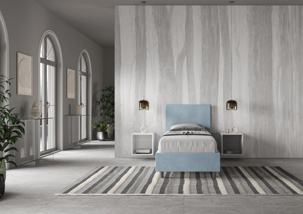 BS COM Letto singolo con rete imbottito 90x190 microfibra azzurro