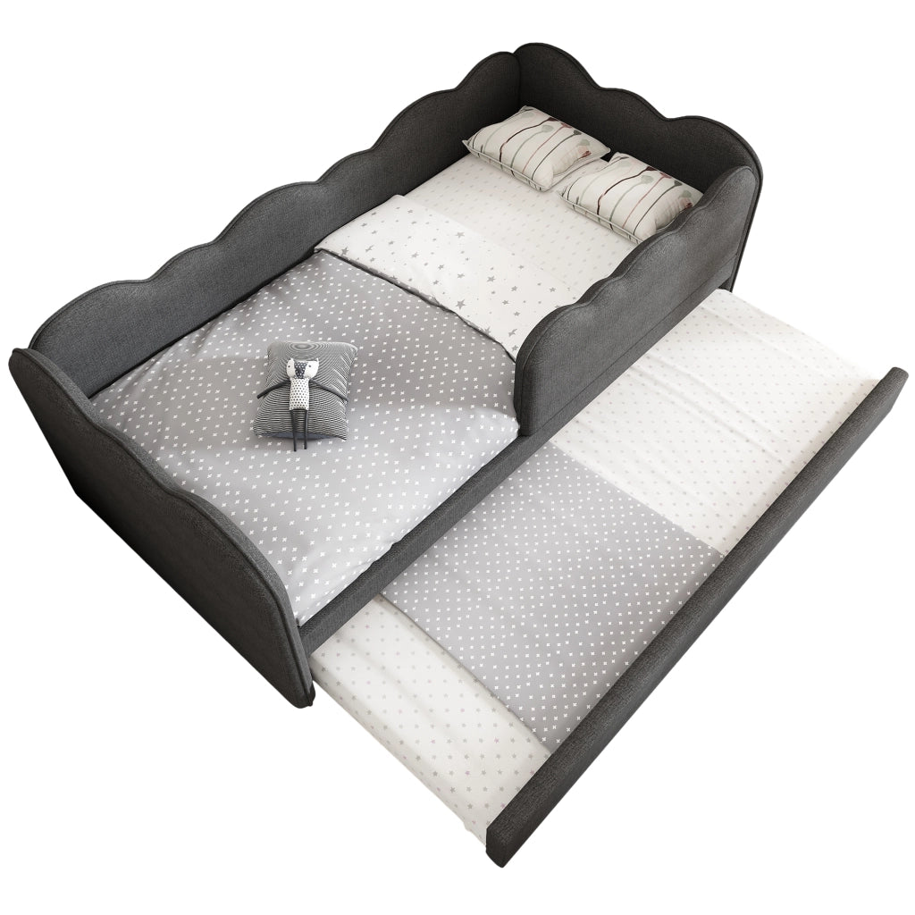 Letto estraibile 90×190 cm 2 posti con barriera e schienale imbottito; senza materasso; in lino; grigio