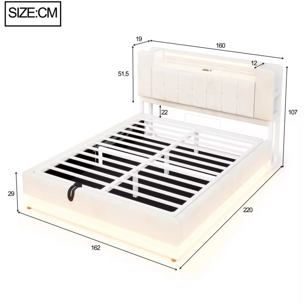 LETTO Imbottito 160x200 cm con LED, USB e contenitore idraulico Beige