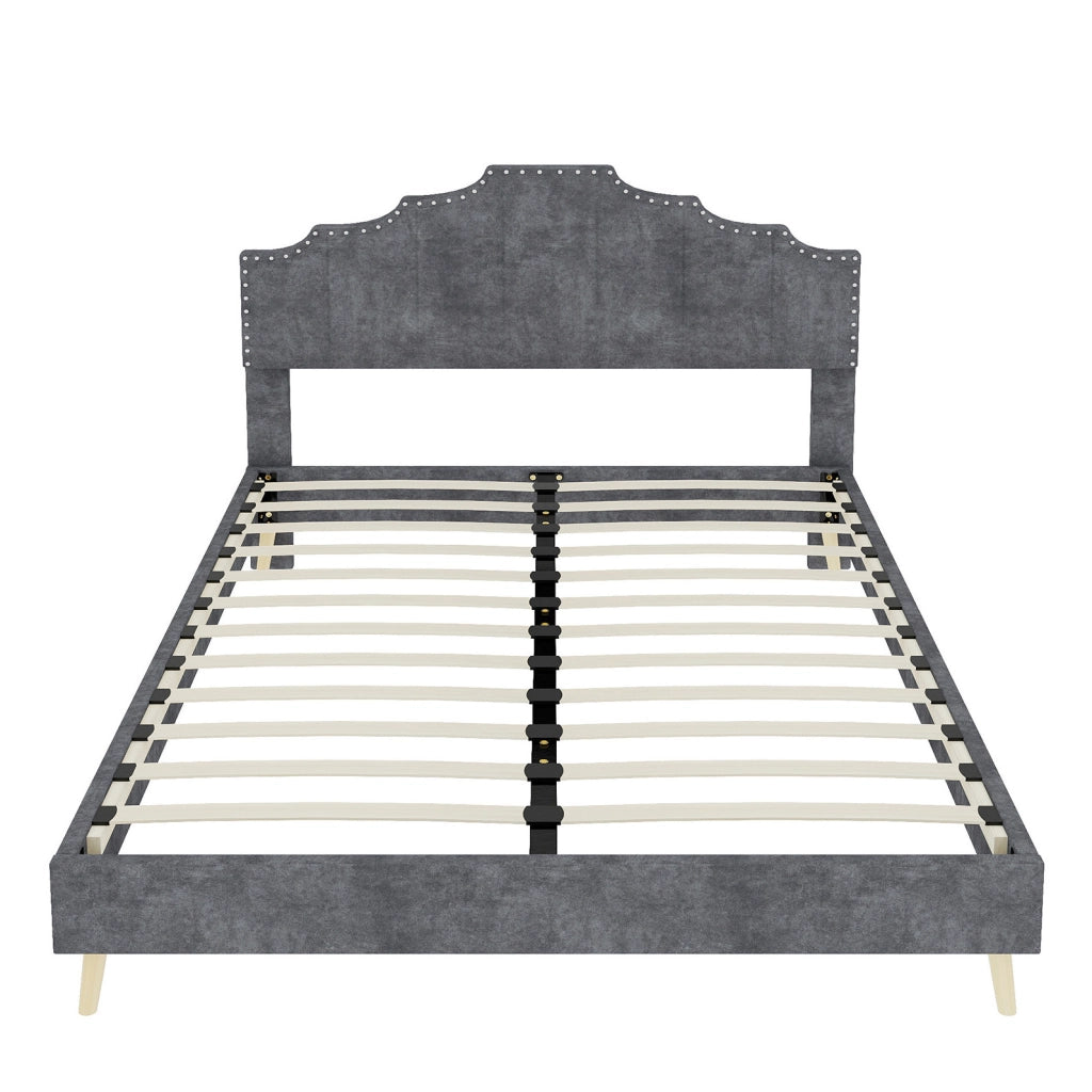 Letto moderno minimalista 140x200 cm con testiera imbottita in tessuto grigio, struttura bassa multifunzionale con materasso incluso