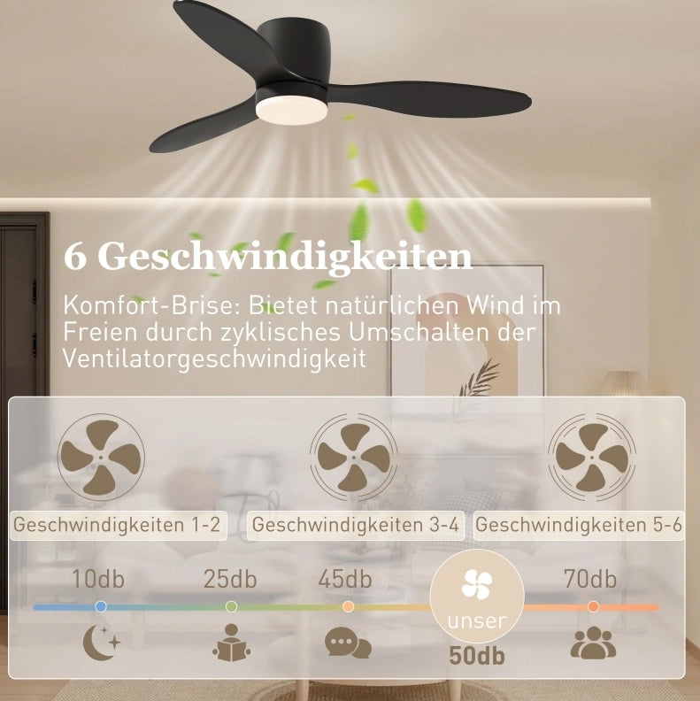 Ventilatore da soffitto YEAVIO Ø115 cm con LED dimmerabile, 3 pale, 6 velocità e telecomando