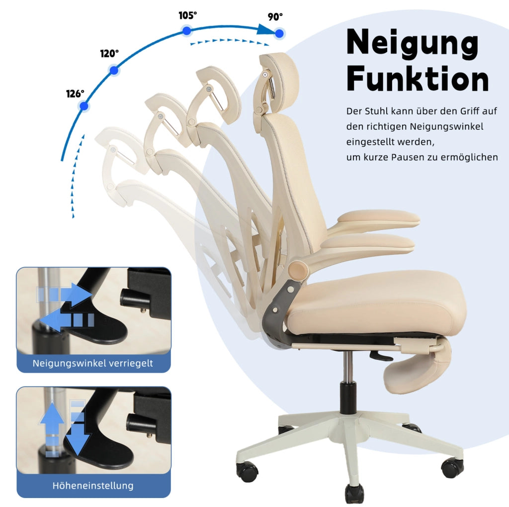 SEDIA UFFICIO Ergonomica Pieghevole con Poggiatesta 3D Crema