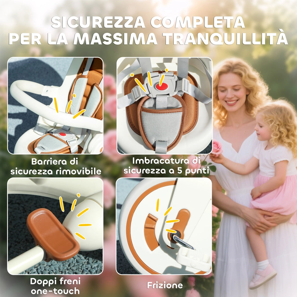 Triciclo per Bambini 5 in 1 96,5x49x101 cm con Maniglione e Cinture di Sicurezza Bianco Crema