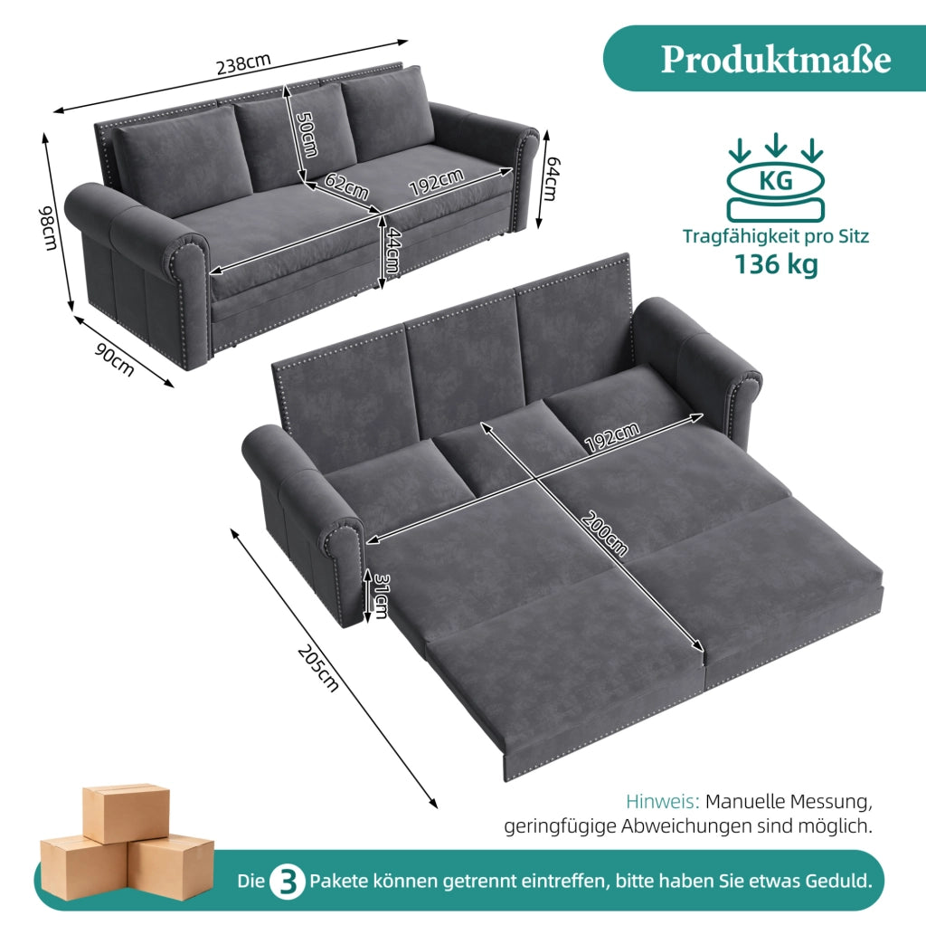 Divano letto estraibile ULEVR 238 cm 3 in 1 con schienali regolabili, velluto grigio e braccioli arrotondati