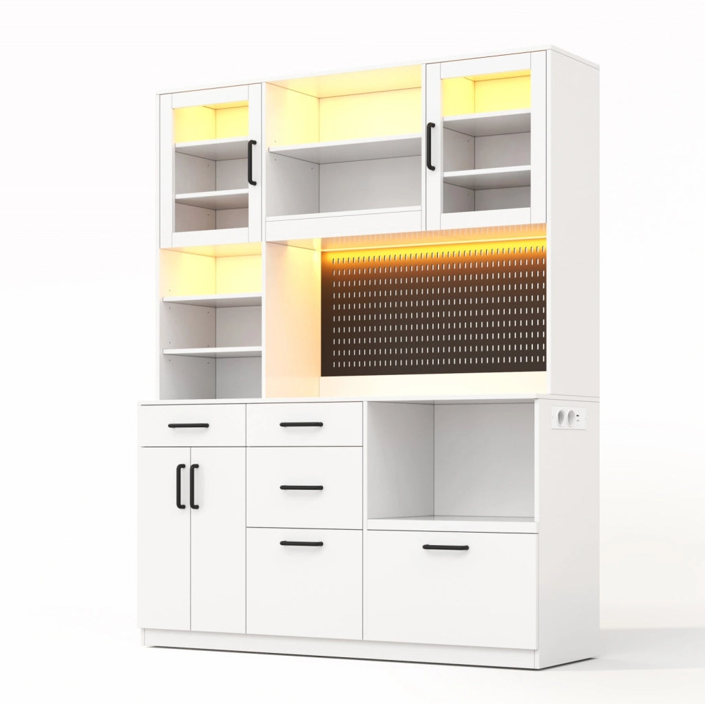 Mobile da cucina con 5 cassetti; LED RGB e prese integrate; MDF bianco