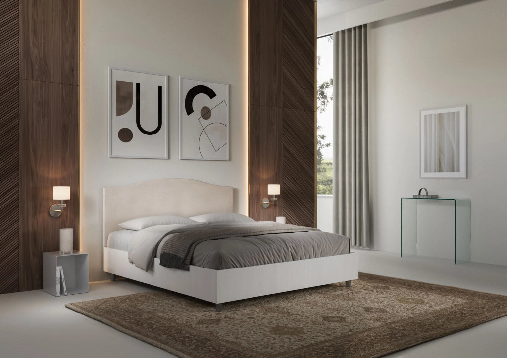 BS COM Letto matrimoniale con rete 160x190 bianco frassino testata microfibra sabbia
