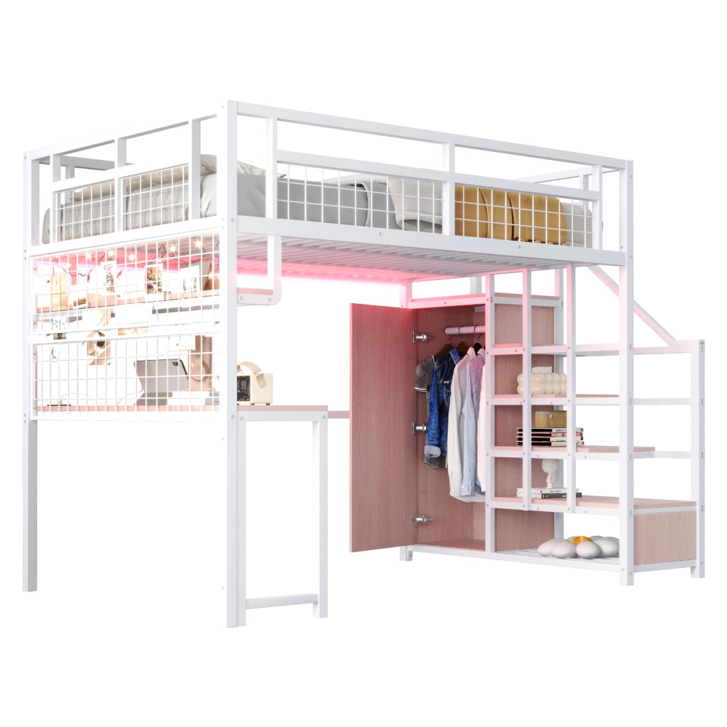 Letto a soppalco 140 × 200 cm in metallo bianco con scrivania scala contenitore armadio prese e luci integrate