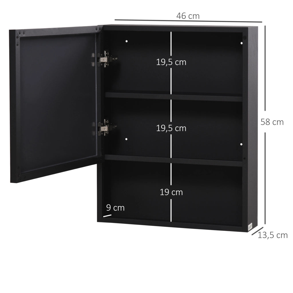 Mobiletto a parete in acciaio inox con specchio, dotato di 2 ripiani interni e ripiano a giorno in vetro, per bagno, dimensioni 46x13,5x58 cm.