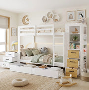 Letto a castello 90x200 cm in legno massello e MDF con cassetti e scaffale laterale; bianco e naturale