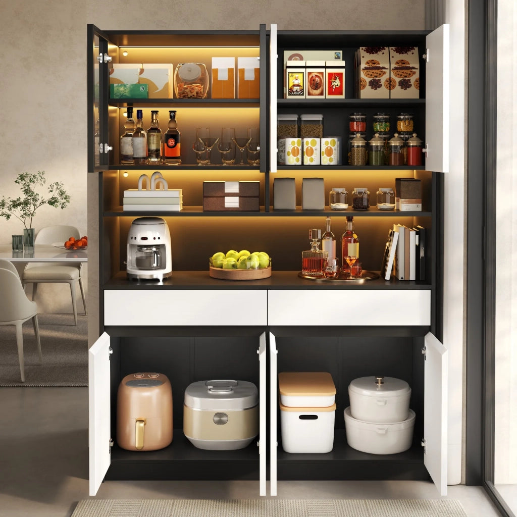 Mobile alto con illuminazione LED a colori controllata via APP, vano espositivo in vetro e ripiano aperto, credenza per soggiorno