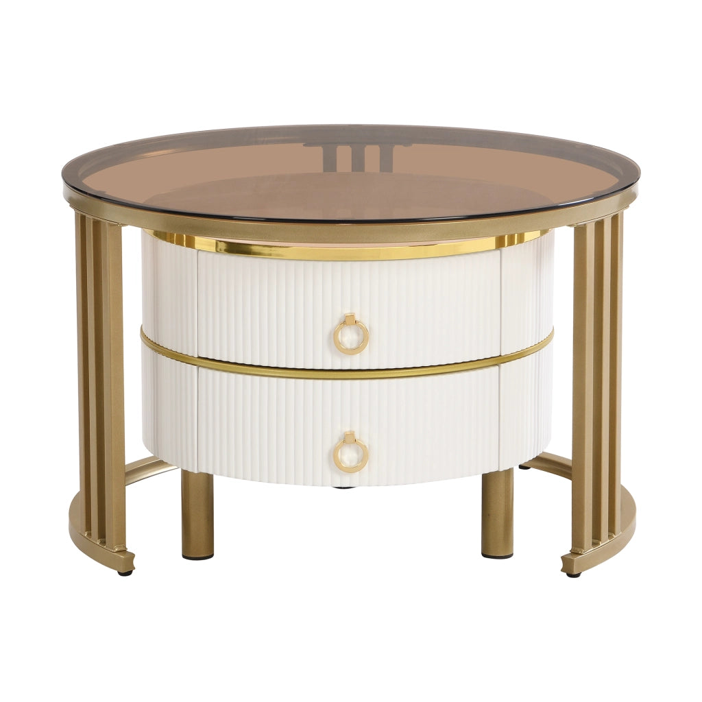Tavolini bassi impilabili con 2 Cassetti; Piano in Vetro Temperato e MDF; per Soggiorno; Bianco; 70 × 70 × 45 cm
