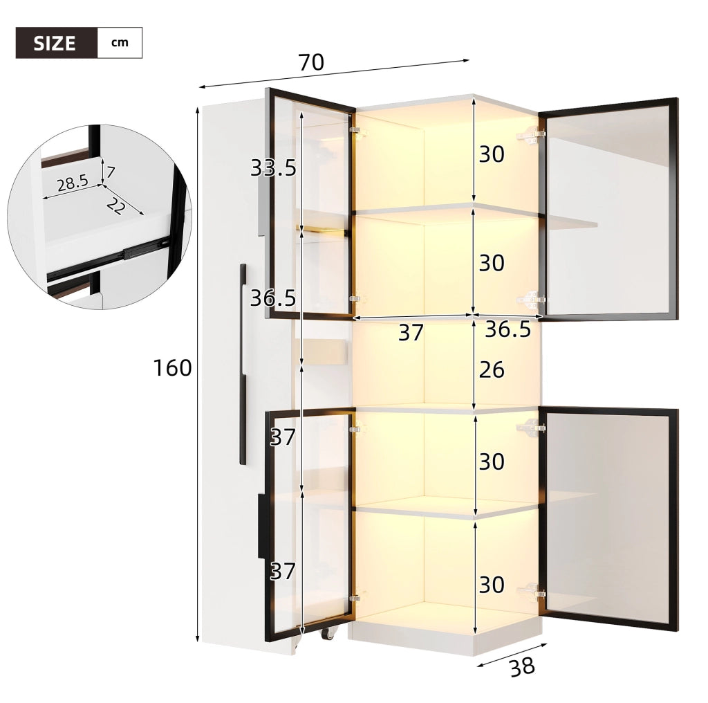 Vetrina 70x38x160 cm con ripiani estraibili e LED multicolore in MDF bianco