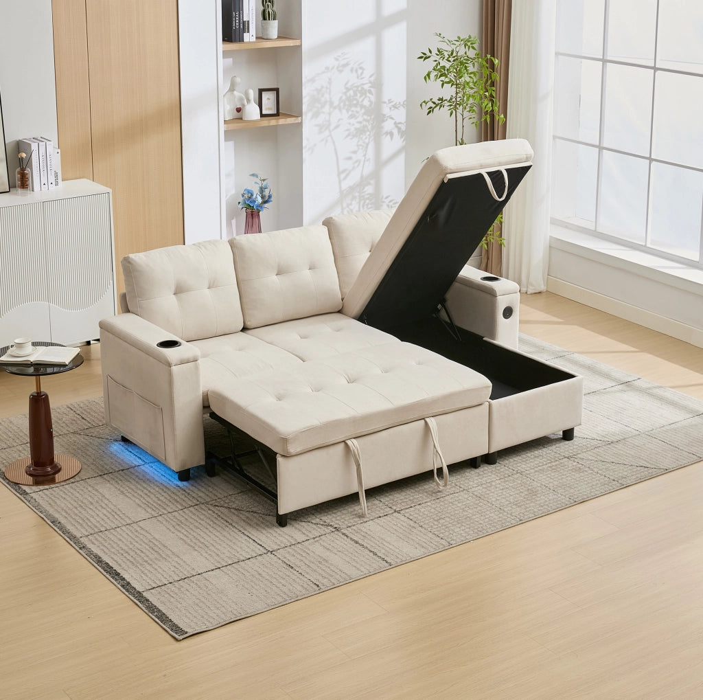 Divano letto pieghevole beige con contenitore e luci LED