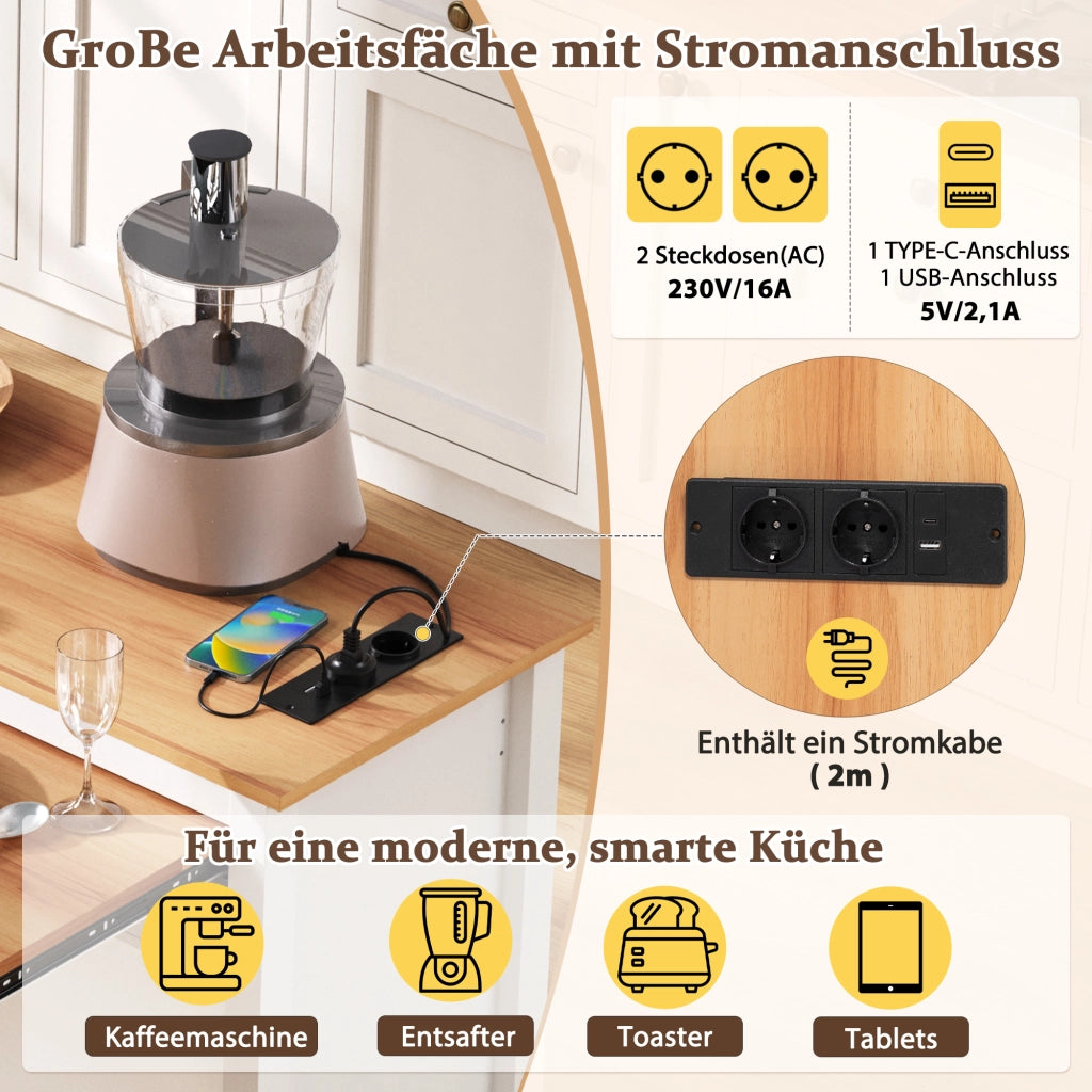 Mobile base da cucina su ruote con piano estraibile prese e vano rifiuti MDF bianco 120 × 40-75 × 92 cm