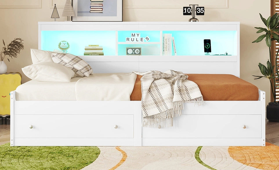 Letto giorno bianco 90x200 cm con divano letto, 2 USB, luce d'ambiente e due cassetti, struttura in truciolato e MDF