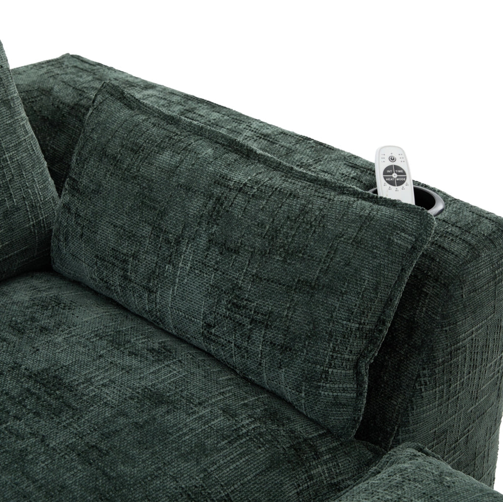 Divano componibile con pouf 256x161x75 cm in ciniglia verde; tasche laterali e cuscini