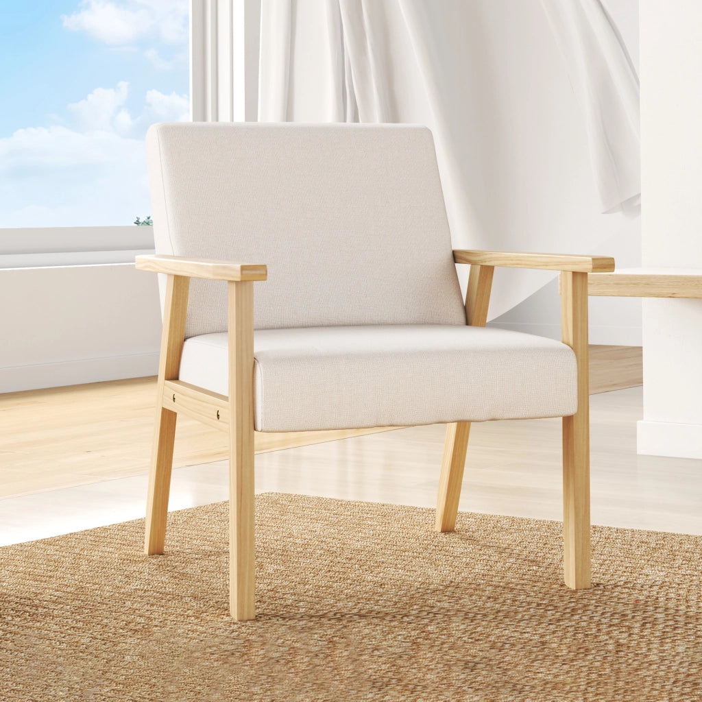Poltrona con braccioli in tessuto effetto lino ¨C Xylo ¨C telaio legno massello crema 64x70x72 cm
