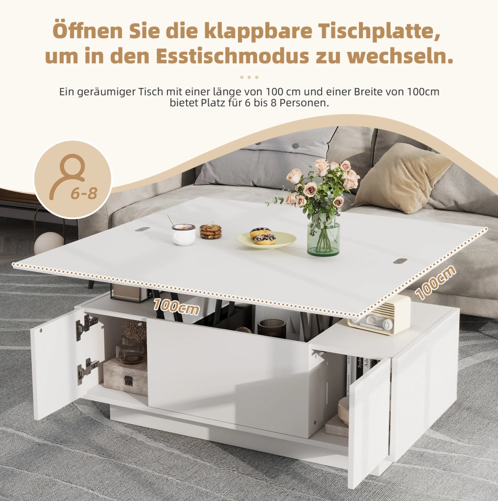 Tavolino da salotto con doppio piano sollevabile e vano contenitore; 100 x 50 x 43 cm; bianco