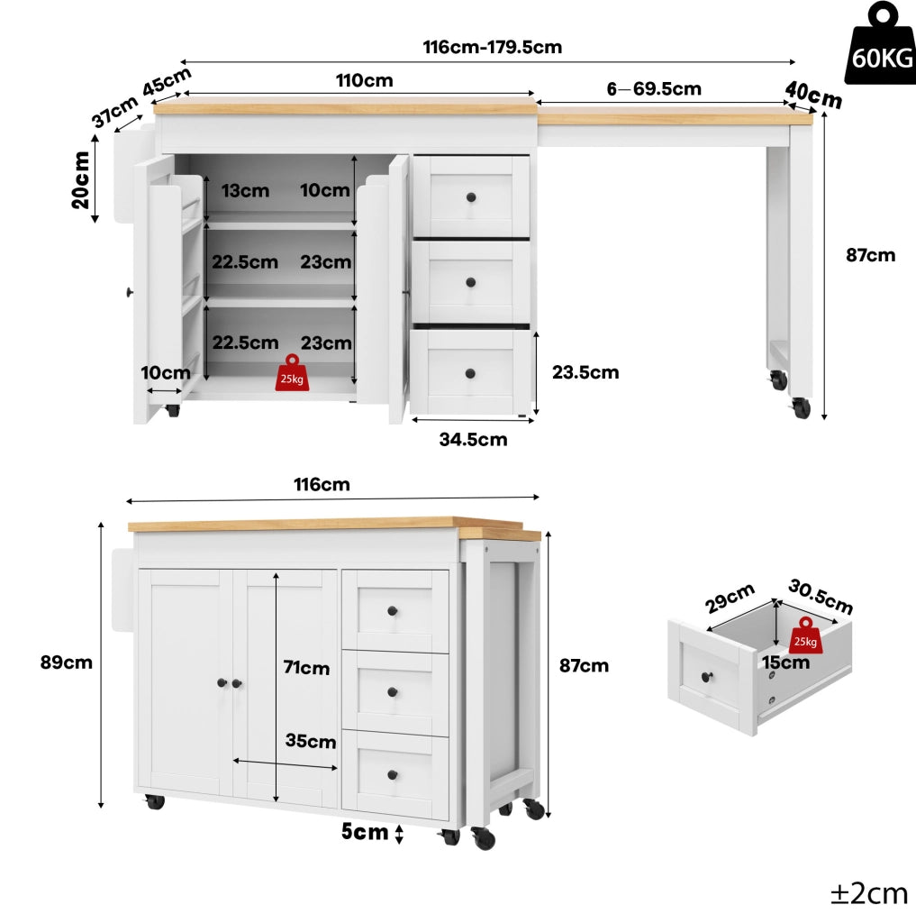 Isola da cucina mobile allungabile 116-179,5 cm con 3 cassetti, ripiani laterali snack e ruote, bianco/nero