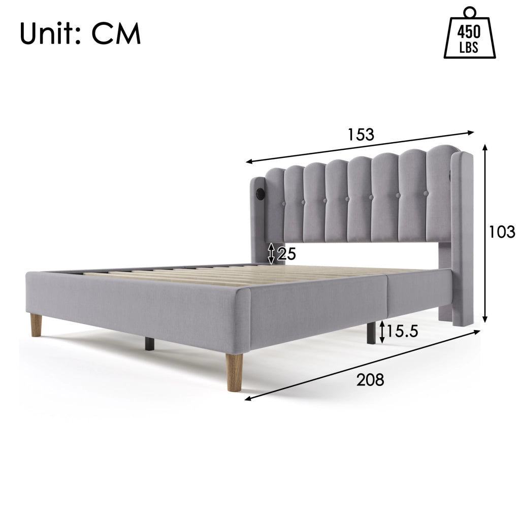 Letto imbottito 140x200 cm in lino grigio con USB e Type-C