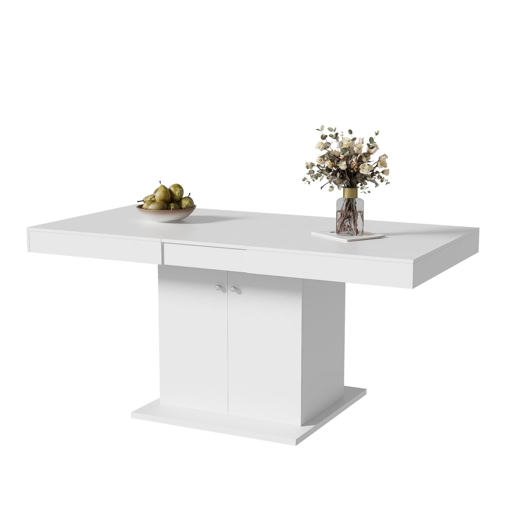 Tavolo da pranzo allungabile con contenitore, 140/180 cm, bianco, in truciolare e metallo