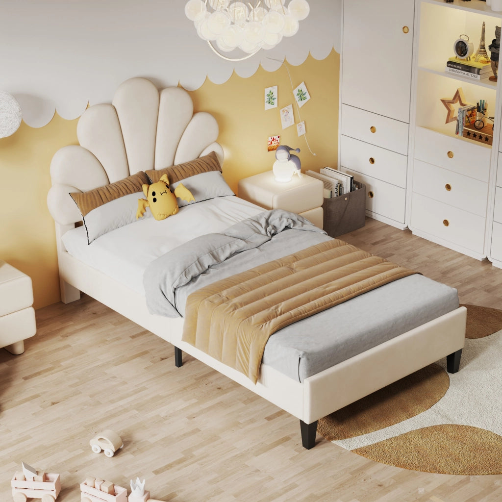 Letto imbottito 90 × 200 cm con testiera a fiore in velluto beige; rete a 12 doghe e struttura in MDF