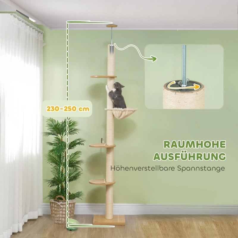 Tiragraffi da soffitto regolabile con pali in sisal base in legno ingegnerizzato rovere 40 × 40 × 230-250 cm