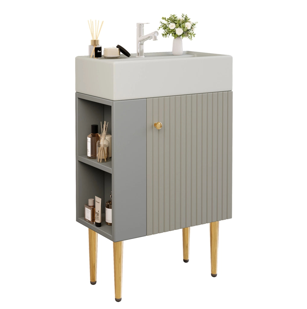 Mobile bagno compatto con lavabo in ceramica lucida e mobile sottolavabo grigio chiaro 55 cm