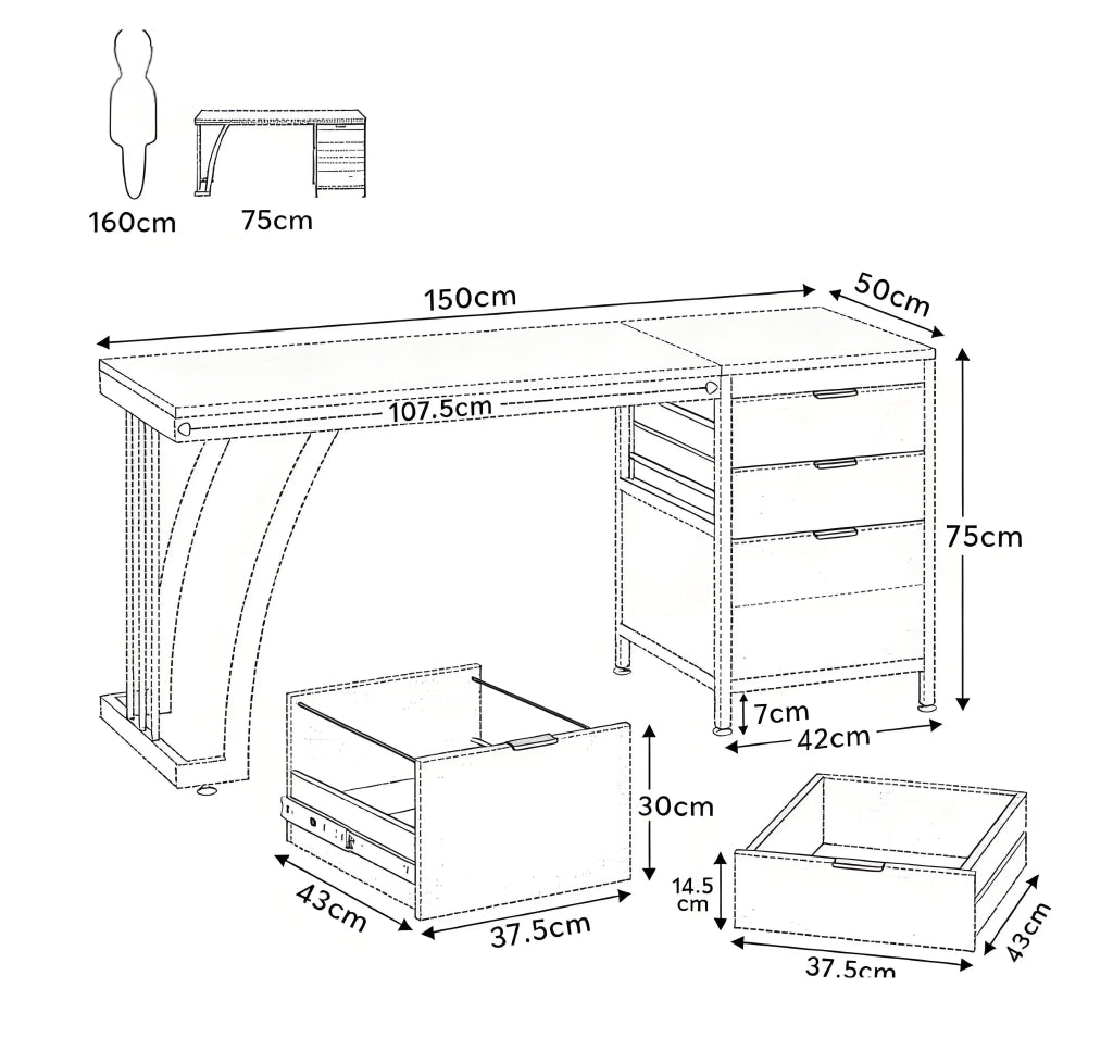 Scrivania dritta con tre cassetti e vano portadocumenti in legno noce e metallo nero 150 × 50 × 75 cm