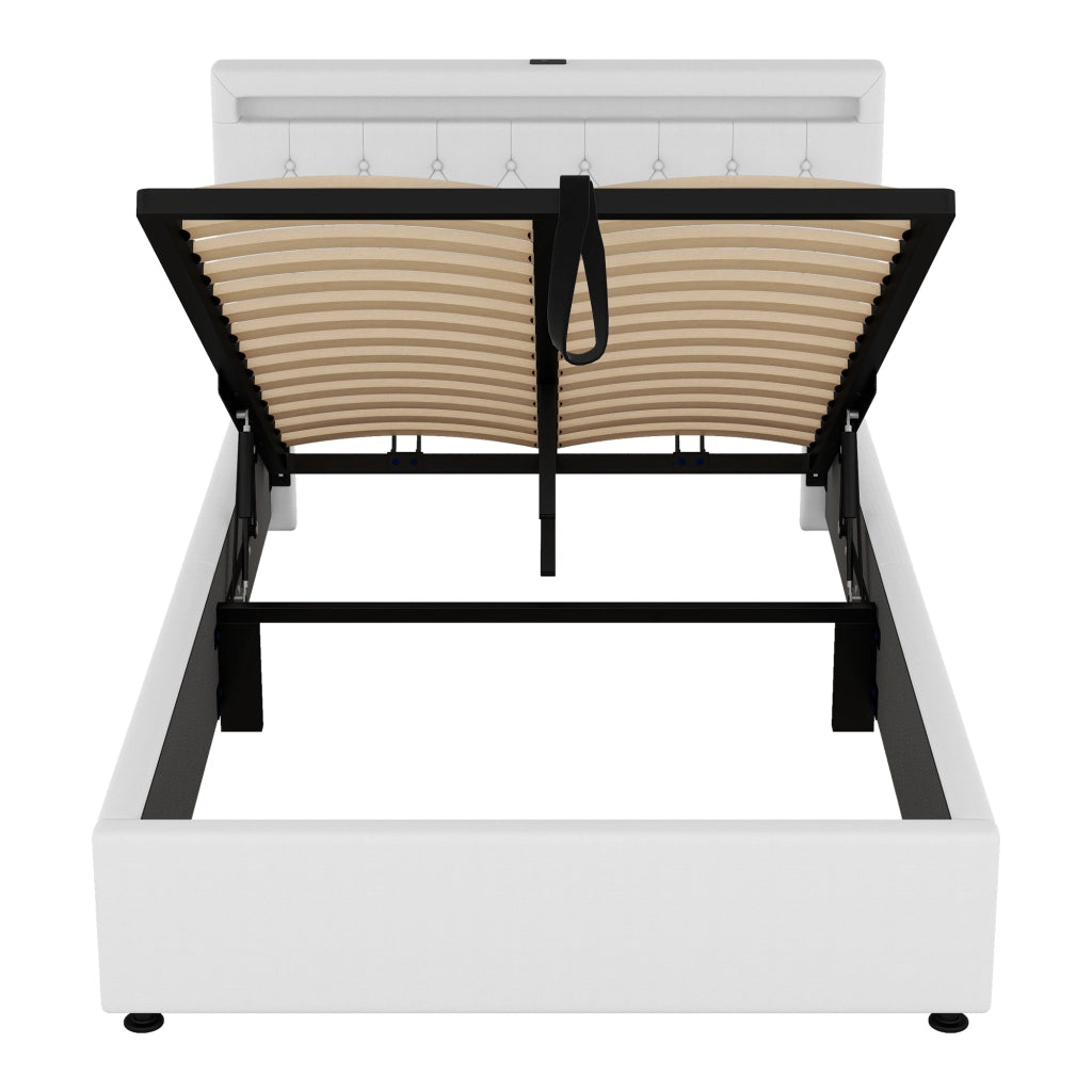 LETTO Imbottito Contenitore 140x200 cm in Lino Bianco con LED, USB e USB-C