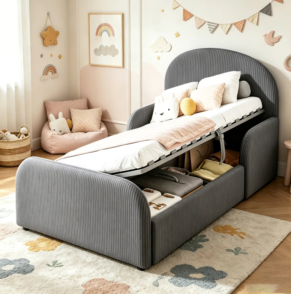 Letto imbottito per bambini 90x200 cm in velluto grigio con contenitore idraulico