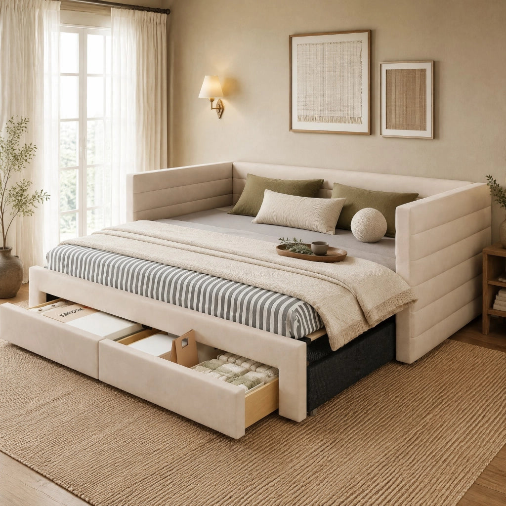 Letto imbottito 3-in-1 con 2 cassetti; divano e letto estraibile 90x190/180x190 cm; beige