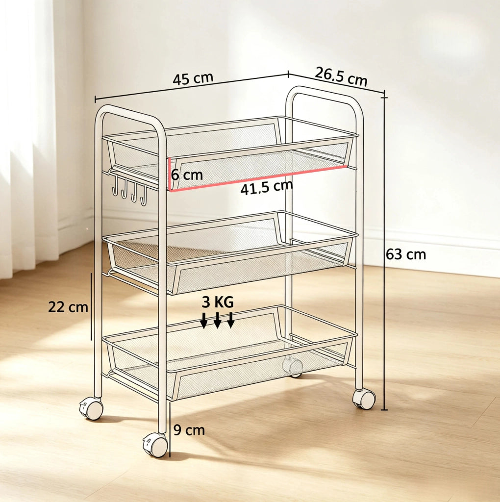 Carrello portavivande ULEVR a 3 livelli con cestelli, 4 ruote bloccabili e ganci, acciaio bianco 45x26,5x63 cm