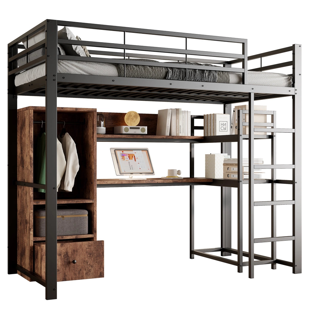 Letto a soppalco 140x200 cm con scrivania; LED; cassetto e ripiani in metallo e MDF nero