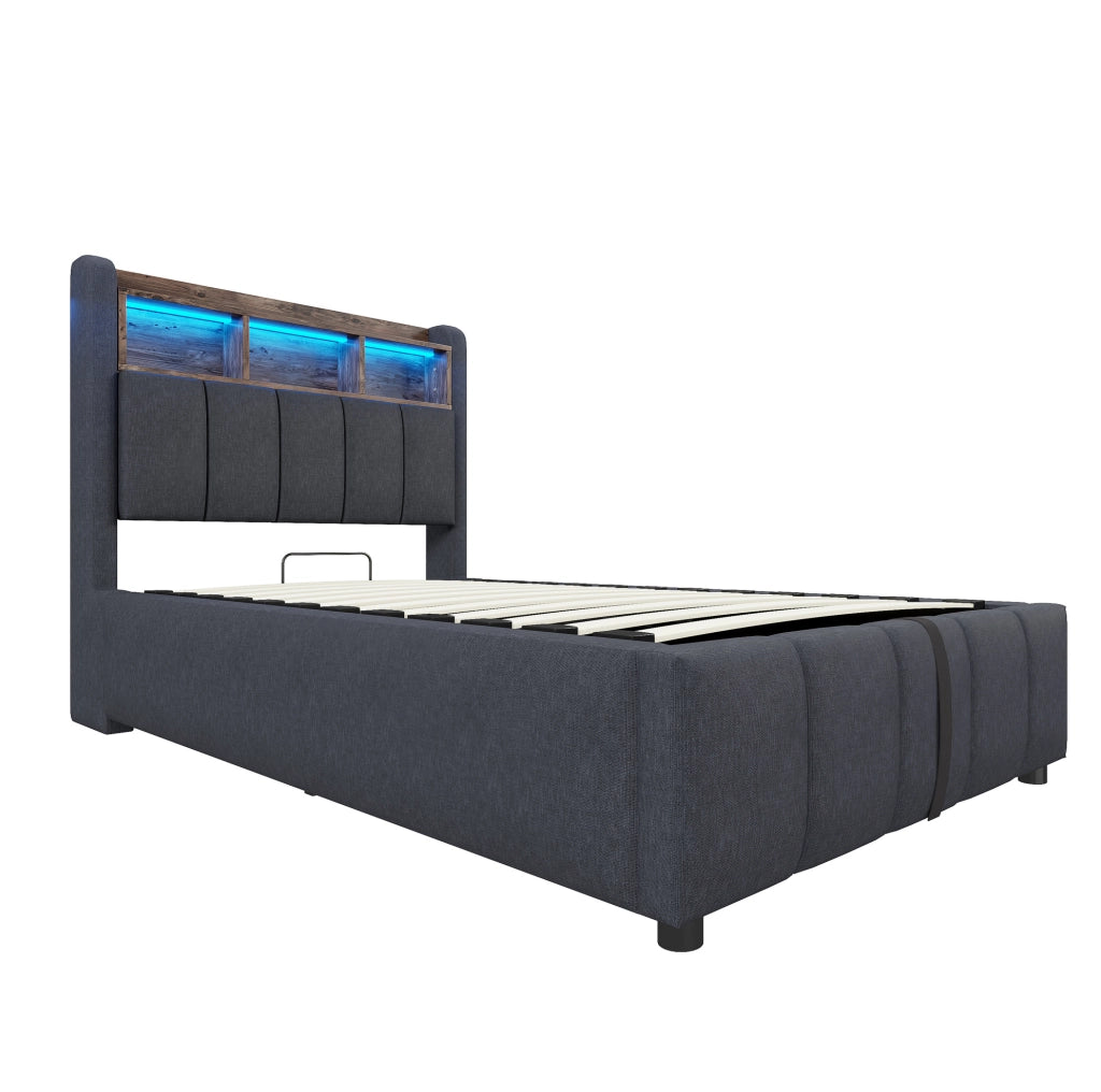 Letto imbottito 90x200 cm con LED, USB-C, contenitore idraulico e materasso grigio