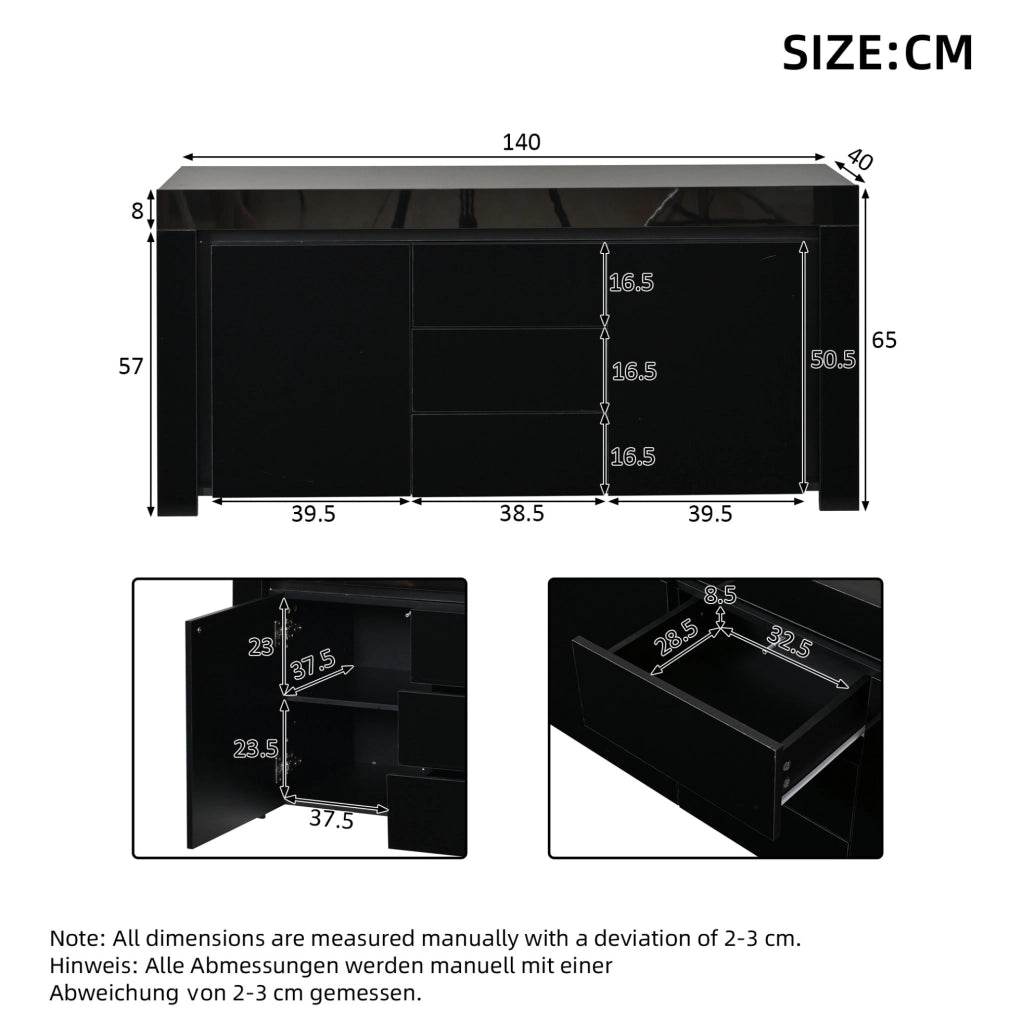 Sideboard nero lucido con 2 ante, 3 cassetti e luci LED
