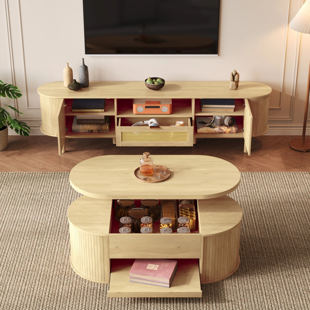 Set di mobili da soggiorno con tavolino basso alzabile e mobile TV in MDF naturale con ampio spazio contenitore
