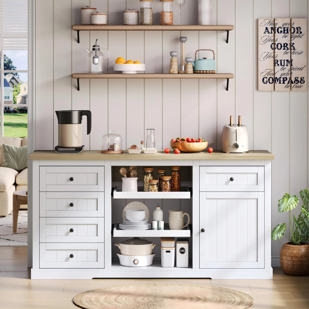 Credenza con piano ribaltabile 5 cassetti 2 ripiani estraibili prese e USB bianco naturale 150 × 65 × 75.5 cm