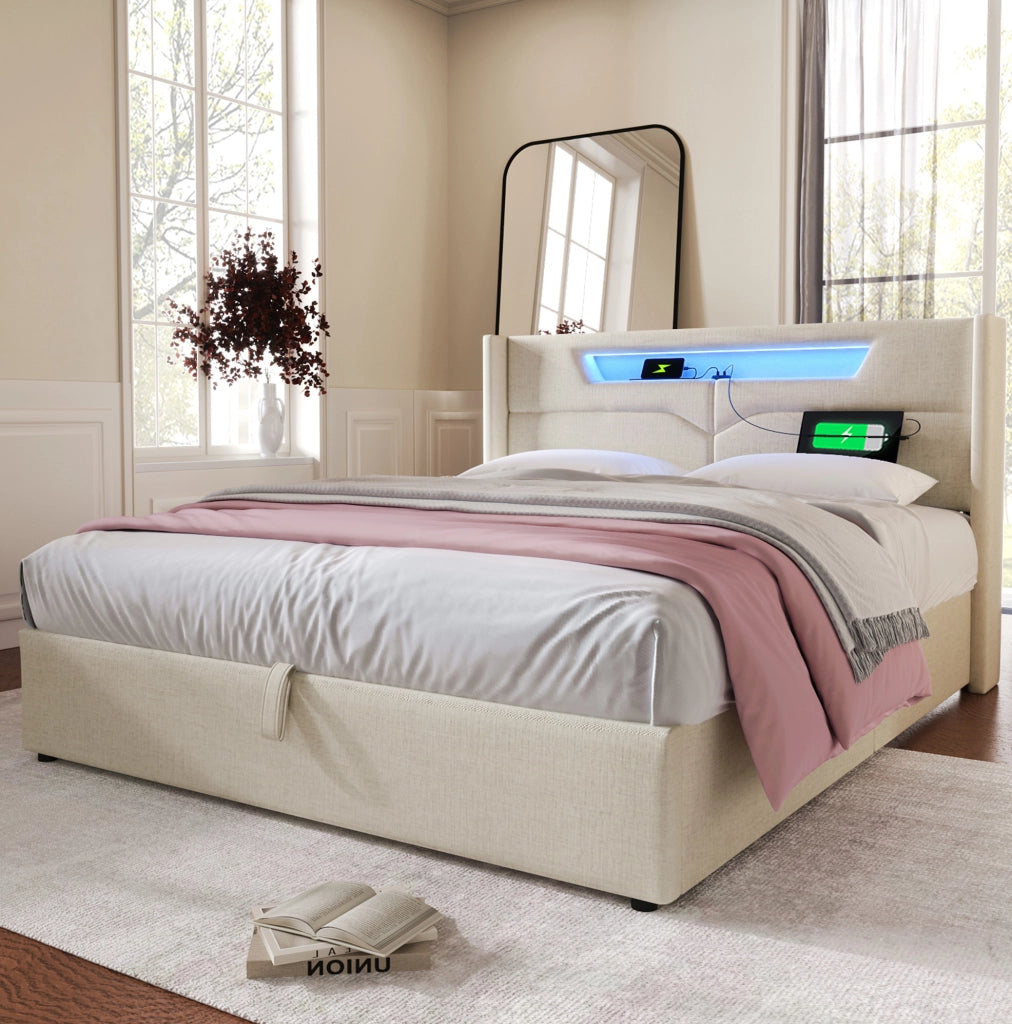 Letto matrimoniale imbottito 140x200 cm con LED; USB e Type-C; beige