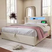 Letto matrimoniale imbottito 140x200 cm con LED; USB e Type-C; beige