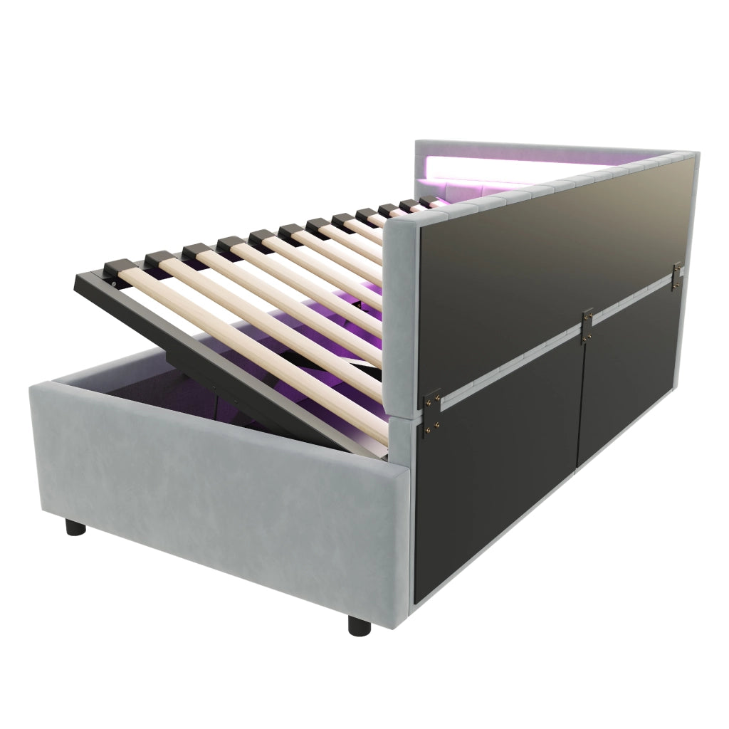 Letto singolo imbottito 90 × 200 cm con LED vano contenitore idraulico velluto grigio rete a doghe